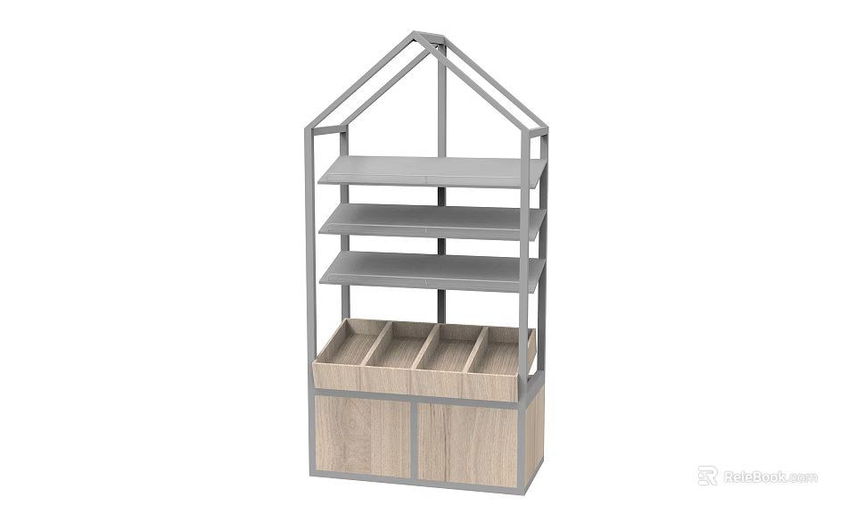Display Shelving Unit With Metal Frame Multiple Shelves And Wooden Cabinet Base 3d model 