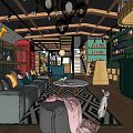 Cozy Mall Store Interior With Sofa Coffee Table Staircase Green Shelves And Wooden Ceiling