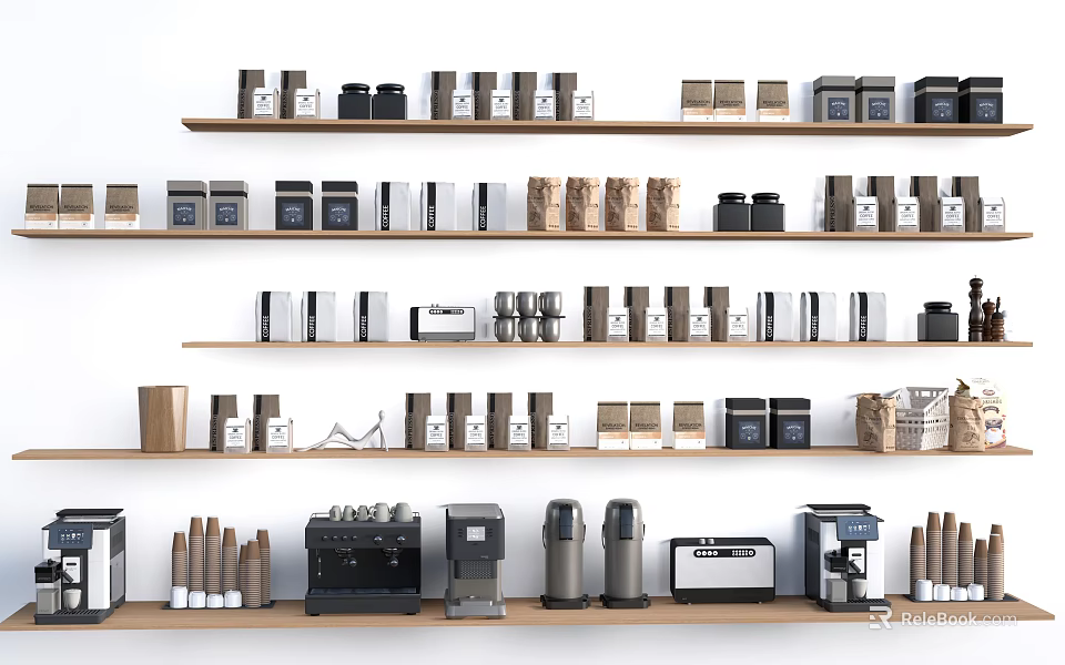 Organized Modern Multilayer Shelving Unit With Coffee Makers Storage Boxes And Containers 3d model 