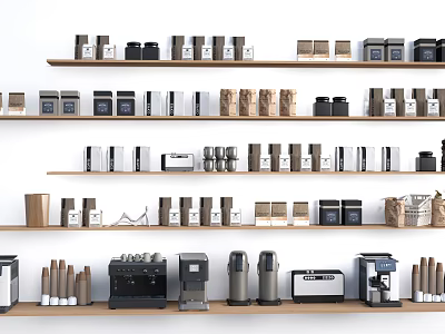 Organized Modern Multilayer Shelving Unit With Coffee Makers Storage Boxes And Containers 3d model