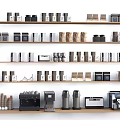 Organized Modern Multilayer Shelving Unit With Coffee Makers Storage Boxes And Containers