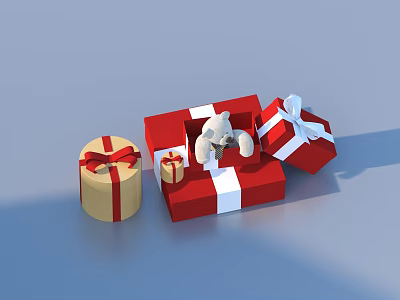 Home Decor Red And Gold Gift Boxes With White Teddy Bear Inside 3d model