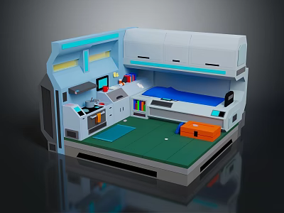 Cartoon Scene of Futuristic Workstation With Console Screen Green Floor and Orange Boxes 3d model