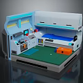Cartoon Scene of Futuristic Workstation With Console Screen Green Floor and Orange Boxes