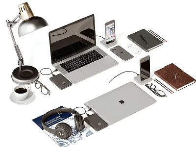 Laptop Desk Setup With Tablet Smartphone Headphones Lamp Notebook And Coffee Cup 3d model