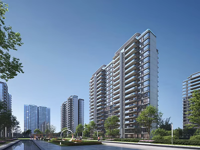 Modern High Rise Residential Buildings With Landscaped Gardens Trees And Water Feature 3d model