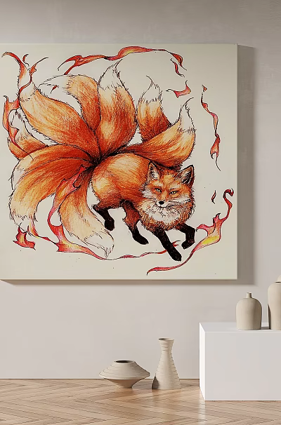 Abstract Painting Featuring Red Fox With Flaming Patterns And Artistic Design Elements 3d model