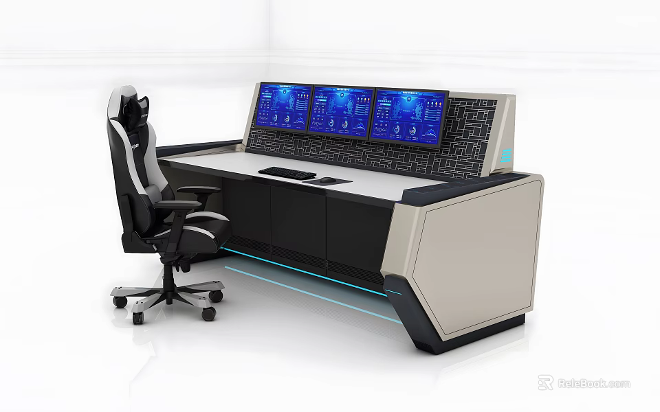 Modern Functional Desk with Three Monitors Office Chair LED Light Strip and Storage Cabinets 3d model 