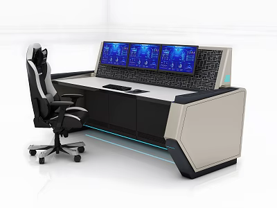 Modern Functional Desk with Three Monitors Office Chair LED Light Strip and Storage Cabinets 3d model