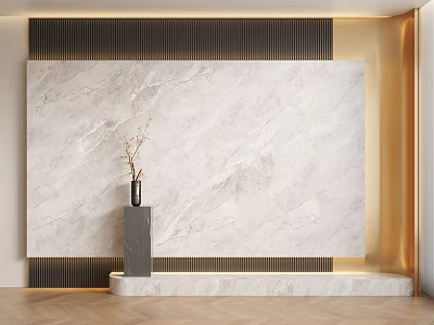 Elegant Interior With Marble Wall Black Pedestal Vase Branches Golden Accents And Wooden Floor 3d model