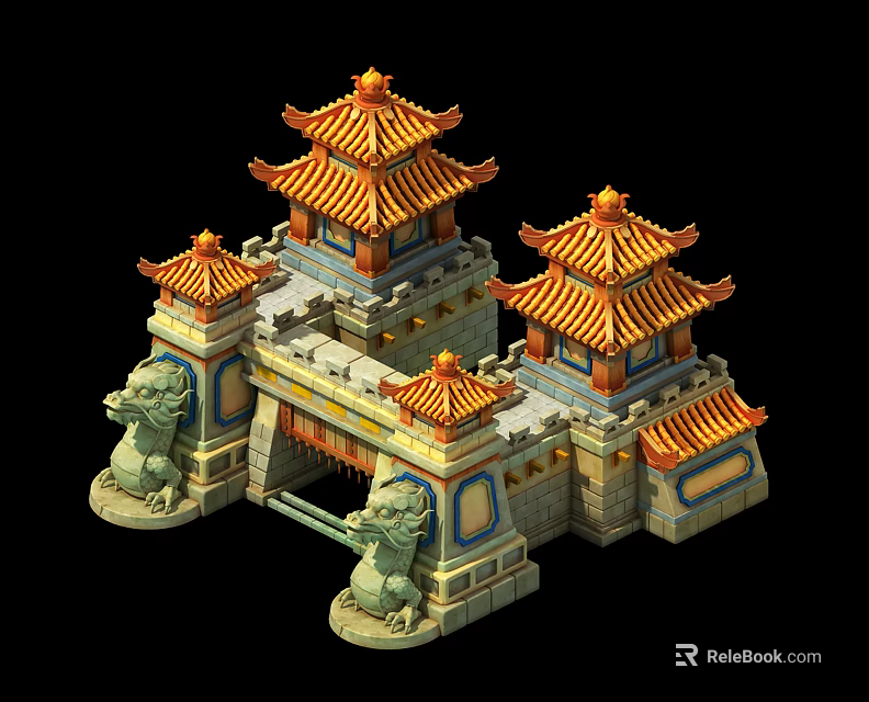 Cartoon Scene of Chinese Style Gate Tower with Yellow Roofs and Stone Lion Statues 3d model 
