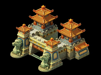 Cartoon Scene of Chinese Style Gate Tower with Yellow Roofs and Stone Lion Statues 3d model