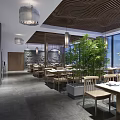 Modern Restaurant With Large Windows Pendant Lights Stone Wall And Green Plants Dining Space
