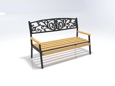 Outdoor Bench With Wooden Slats Black Metal Frame And Decorative Scrollwork Backrest For Garden Patio 3d model