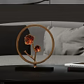 Golden Circular Frame Decorative Ornament Set With Flower Design And Black Base For Living Room Table