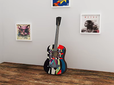 Colorful Acoustic Guitar With Art Paintings On White Wall Wooden Floor 3d model