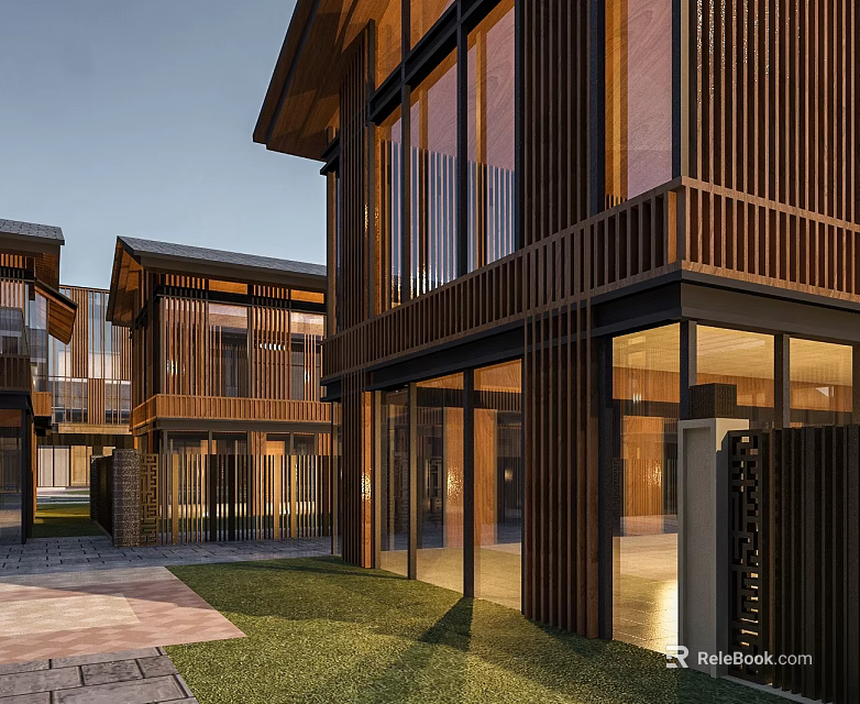 Aerial Planning of Modern Chinese Villas with Courtyards Wooden Structures Glass Curtain Walls at Dusk 3d model 