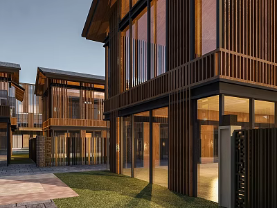 Aerial Planning of Modern Chinese Villas with Courtyards Wooden Structures Glass Curtain Walls at Dusk 3d model