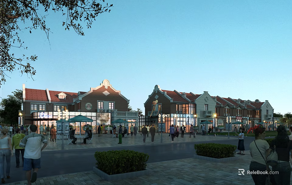 European Style Commercial Street with Red Brick Buildings Pedestrians Outdoor Seating Greenery and Clear Sky 3d model 