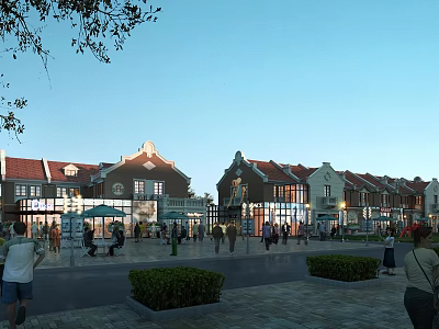 European Style Commercial Street with Red Brick Buildings Pedestrians Outdoor Seating Greenery and Clear Sky 3d model