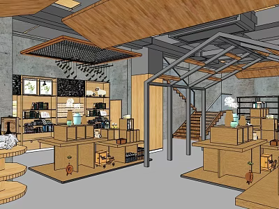 Modern Specialty Store Interior With Wooden Display Shelves Staircase And Decorative Items 3d model
