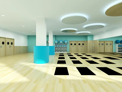 Modern Fitness Studio With Lockers Blue Pillars Arranged Black Mats And Wooden Floor 3d model