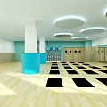 Modern Fitness Studio With Lockers Blue Pillars Arranged Black Mats And Wooden Floor