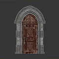 Architectural Wooden Door With Arched Stone Frame And Intricate Carved Details