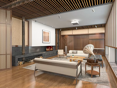 Cozy Hotel Public Lounge With Wooden Ceiling Fireplace And Comfortable Sofa Gramophone 3d model