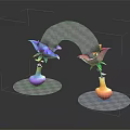 Cartoon Scene With Rainbow Arch Two Flowers In Vases On Colorful Circular Bases And Reflections