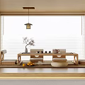 Serene Japanese Tea Room Interior With Wooden Long Table Floor Cushions And Hanging Lamp Blinds