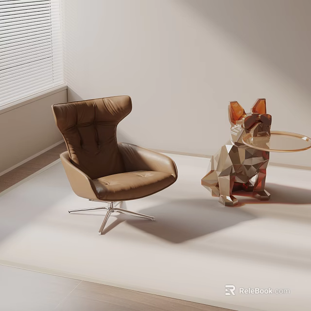 Stylish Brown Leather Leisure Chair With Ergonomic Backrest And Metal Base Design 3d model 