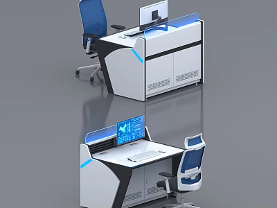 Modern Office Desk Design With Computer Monitor Blue Accent Lines And Ergonomic Chair 3d model