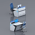 Modern Office Desk Design With Computer Monitor Blue Accent Lines And Ergonomic Chair