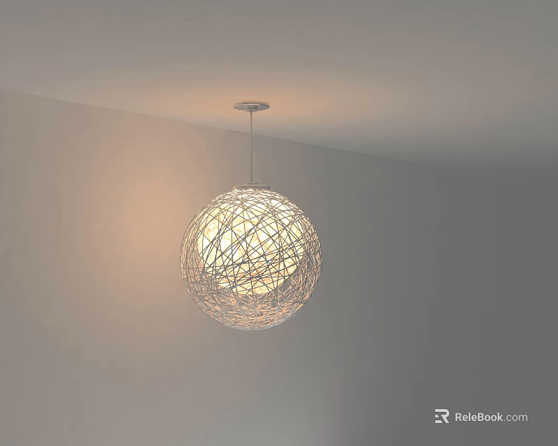 Spherical Woven Art Installation With Ambient Lighting Hanging From Ceiling In Minimalist White Room 3d model 
