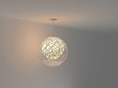 Spherical Woven Art Installation With Ambient Lighting Hanging From Ceiling In Minimalist White Room 3d model