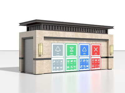 Public Waste Sorting Recycling Station With Different Colored Bins And Stone Exterior 3d model