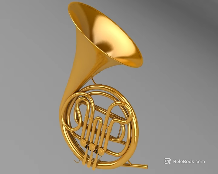Artistic Golden French Horn Musical Instrument with Polished Brass Bell and Intricate Coiled Design 3d model 