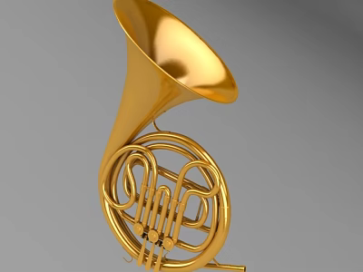 Artistic Golden French Horn Musical Instrument with Polished Brass Bell and Intricate Coiled Design 3d model