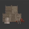 Rustic Stacked Wooden Crates Structure With Ladder Clay Pots And Stone Block