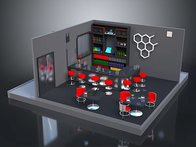 Modern Bar Interior With Red Chairs Round Tables Hexagon Wall Decor And Bottle Shelves 3d model