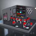 Modern Bar Interior With Red Chairs Round Tables Hexagon Wall Decor And Bottle Shelves
