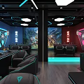 Interior Space With Hanging Planet Models Statues Of Characters Colorful Lights And Display Cabinets