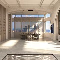Hotel Lobby Interior Design With Arched Ceilings Chandeliers Sofas Chairs Bookshelves And Large Windows