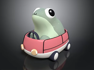 Green Frog Toy With Big Eyes Sitting In Pink Car With Steering Wheel 3d model