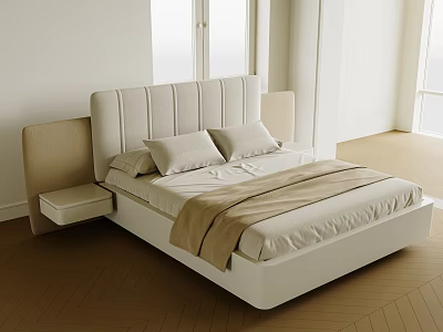 Modern Double Bed With Striped Headboard Light Bedding And Attached Nightstand 3d model