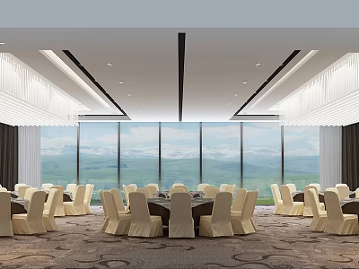 Spacious Banquet Hall Interior With Chandeliers Large Windows Mountain View And White Chair Covers 3d model