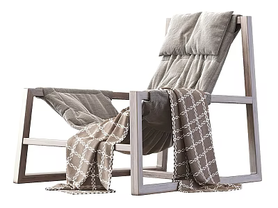 Simple Modern Leisure Chair With Wooden Frame Gray Cushion And Patterned Blanket 3d model
