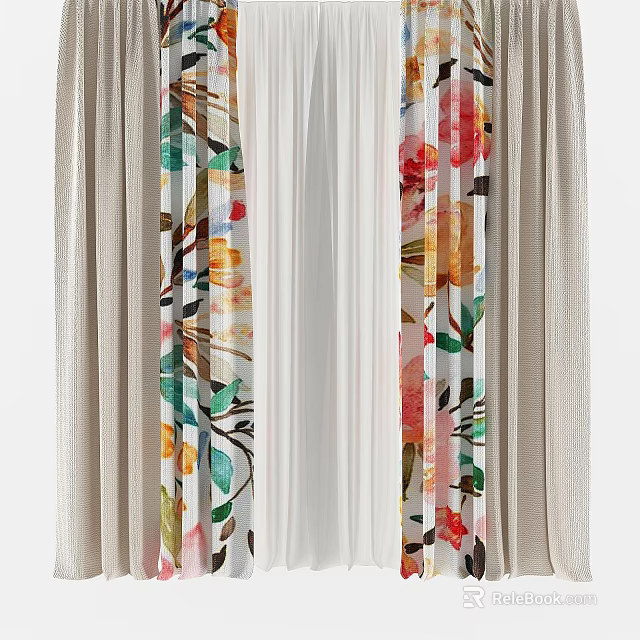 Floral Pattern Curtain With Sheer Middle Panel And Beige Side Panels For Home Decor 3d model 