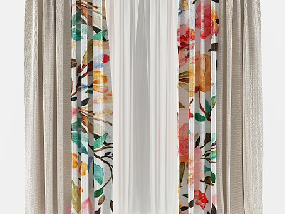 Floral Pattern Curtain With Sheer Middle Panel And Beige Side Panels For Home Decor 3d model
